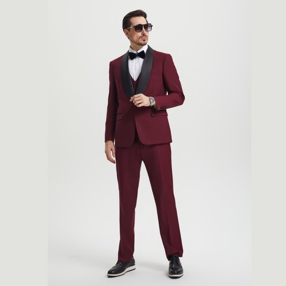 Stacy Adams 3pc Mens Tuxedo Hybrid Fit Shawl Lapel, Burgundy - Picture 6 of 6